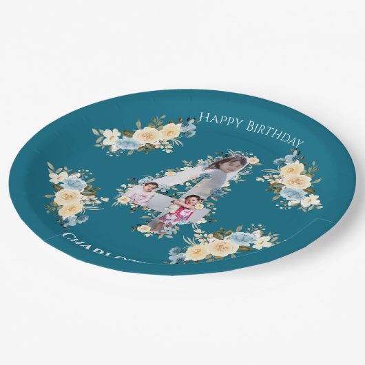 4e verjaardag Blauwgroen foto Collage Blue Yellow  Papieren Bordje (Gekanteld)