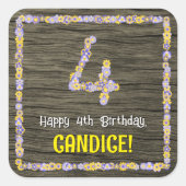 4e verjaardag: Bloemennummer, Faux Wood Look, Naam Vierkante Sticker (Voorkant)
