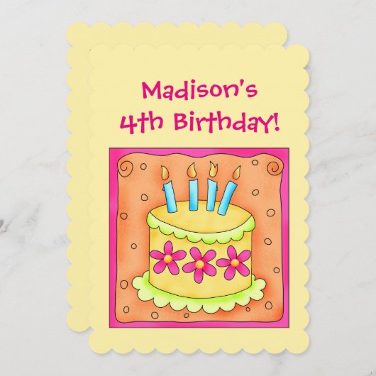 4e verjaardag Cake Art Uitnodiging van partij pers (Voorkant / Achterkant)