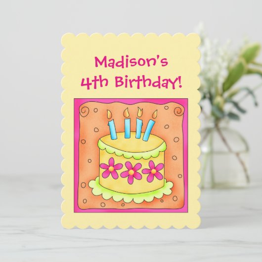 4e verjaardag Cake Art Uitnodiging van partij pers (Staand voorkant)