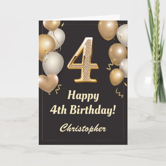 4e verjaardag Confetti zwarte en gouden ballonnen Kaart (Voorkant)