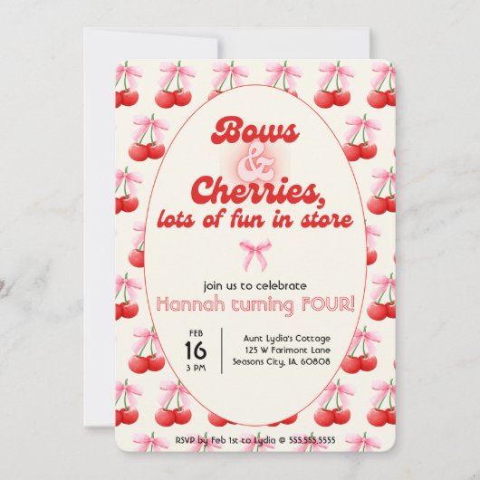 4e Verjaardag Coquette Kersen Bogen Bubble Letters Kaart (Voorkant)