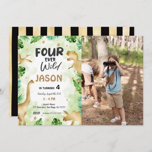 4e verjaardag, Dinosaurus Verjaardag Foto Kaart (Voorkant / Achterkant)