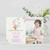 4e Verjaardag Eenhoorn Verjaardag Uitnodigingen fo (Staand voorkant)