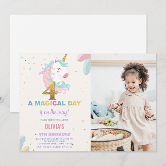 4e Verjaardag Eenhoorn Verjaardag Uitnodigingen fo (Voorkant / Achterkant)