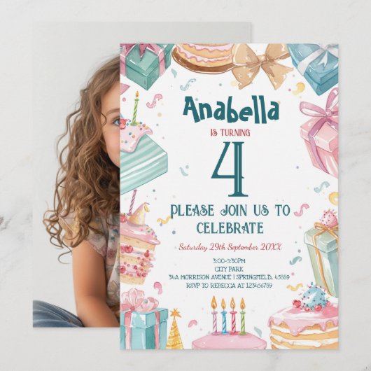 4e verjaardag en Cakes Kids Verjaardagsfeestje Kaart (Voorkant / Achterkant)