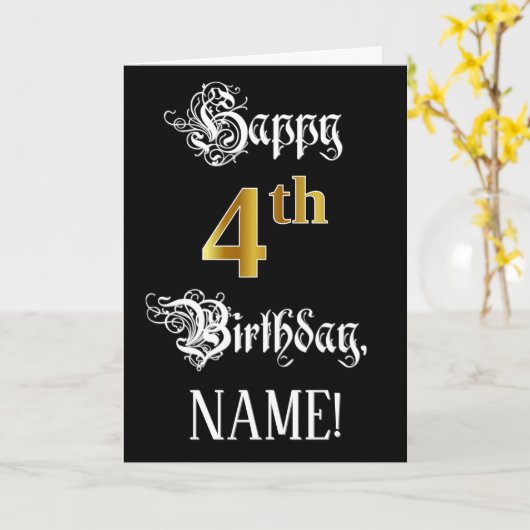 4e verjaardag — Fancy script; Faux Gold Kijk; naam Kaart (Gele Bloem)