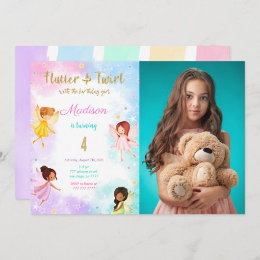 4e verjaardag fee verjaardagsfeestfoto kaart (Voorkant / Achterkant)