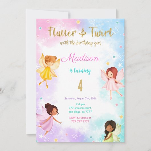 4e verjaardag fee verjaardagsfeestje kaart (Voorkant)