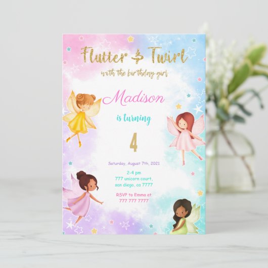 4e verjaardag fee verjaardagsfeestje kaart (Staand voorkant)