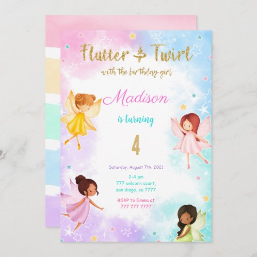 4e verjaardag fee verjaardagsfeestje kaart (Voorkant / Achterkant)