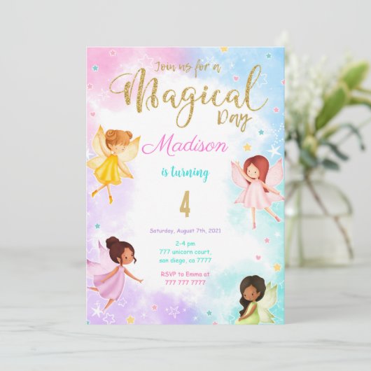 4e verjaardag feeënfeest kaart (Staand voorkant)