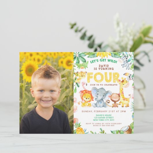 4e Verjaardag Feest Safari Oerwoud Dieren Jongen F Kaart (Staand voorkant)