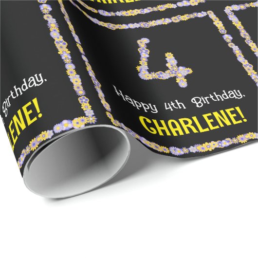 4e verjaardag: Floral Flowers Number, Custom Name Cadeaupapier (Rol Hoek)