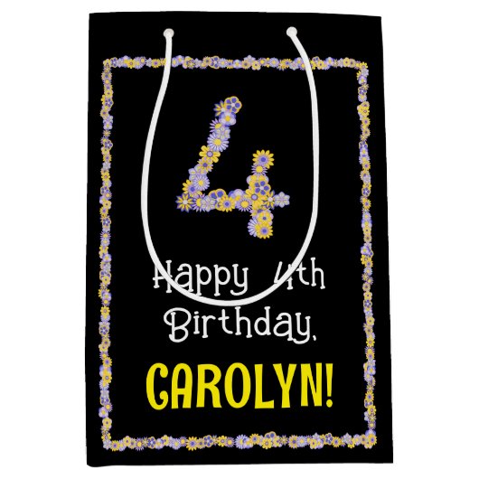 4e verjaardag: Floral Flowers Number, Custom Name Medium Cadeauzakje (Voorkant)