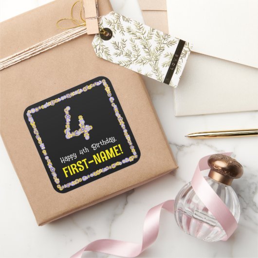 4e verjaardag: Floral Flowers Number, Custom Name Vierkante Sticker (Geschenken)