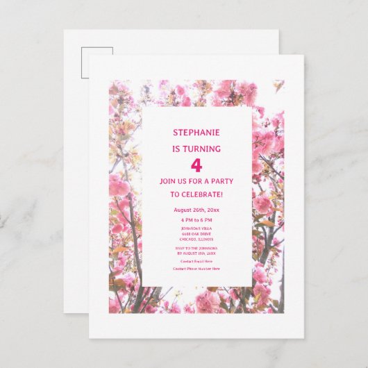 4e verjaardag Floral Vierde aangepaste leeftijd ro Uitnodiging Briefkaart (Voorkant / Achterkant)