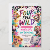 4e verjaardag Four Ever Wilde Dieren Feestje Kaart (Voorkant)