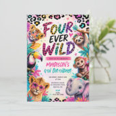 4e verjaardag Four Ever Wilde Dieren Feestje Kaart (Staand voorkant)