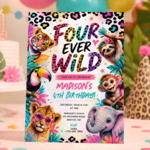 4e verjaardag Four Ever Wilde Dieren Feestje Kaart