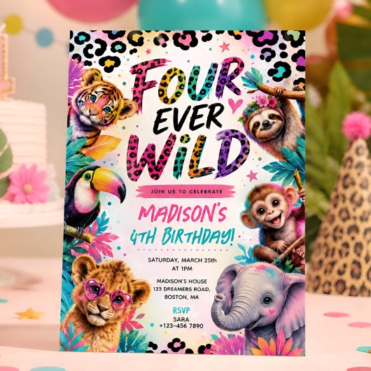 4e verjaardag Four Ever Wilde Dieren Feestje Kaart