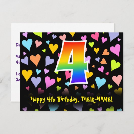 4e verjaardag: Fun Hearts Pattern, Rainbow 4 Briefkaart (Voorkant / Achterkant)