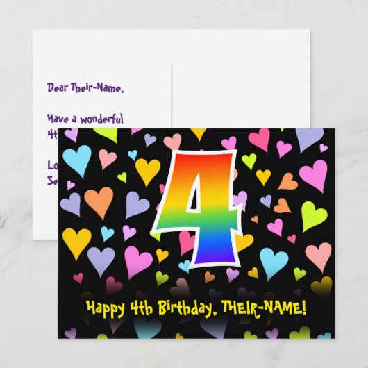 4e verjaardag: Fun Hearts Pattern, Regenboog 4 Briefkaart (Voorkant / Achterkant)