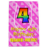 4e verjaardag: Fun Pink Hearts Stripes & Rainbow 4 Medium Cadeauzakje (Voorkant)