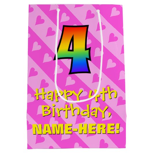 4e verjaardag: Fun Pink Hearts Stripes & Rainbow 4 Medium Cadeauzakje (Achterkant)