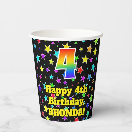 4e verjaardag: Fun Stars Pattern en Rainbow 4 Papieren Bekers (Achterkant)