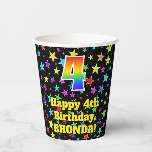4e verjaardag: Fun Stars Pattern en Rainbow 4 Papieren Bekers (Voorkant)