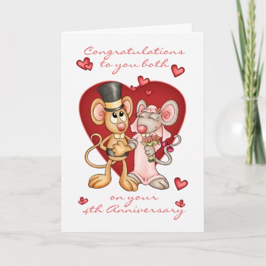 4e verjaardag gefeliciteerd -cute muizen anniver kaart (Voorkant)