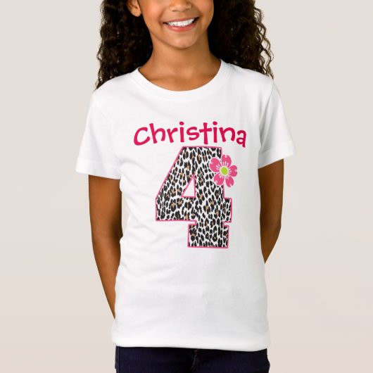 4e verjaardag 'Girl Hot Pink & leopard'-druk T-shirt (Voorkant)