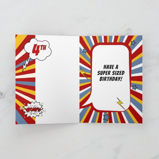 4e verjaardag Jongen Superheld Comic Theme Kaart (Binnen)