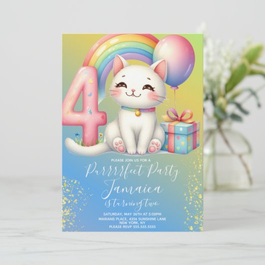 4e verjaardag Kitten Regenboog Feest Kaart (Staand voorkant)