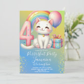 4e Verjaardag Kitten Regenboog Feestje Kaart (Staand voorkant)
