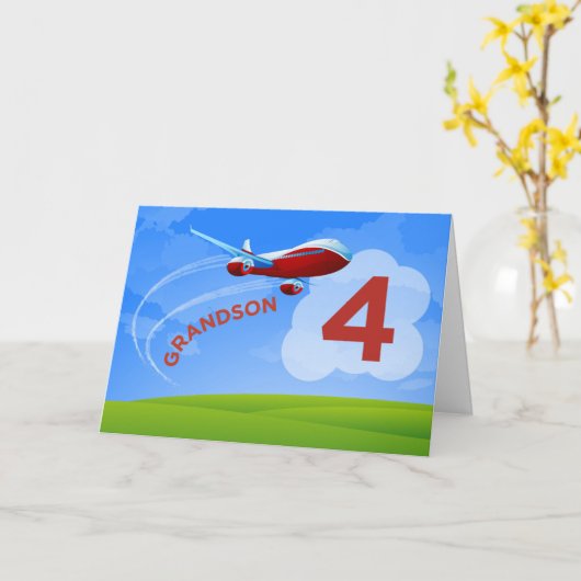 4e verjaardag, kleinzoon, rood vliegtuig kaart (Gele Bloem)