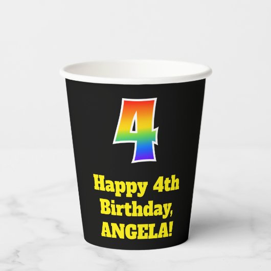 4e verjaardag: Kleurrijk, Leuk, Opwindend, Regenbo Papieren Bekers (Achterkant)