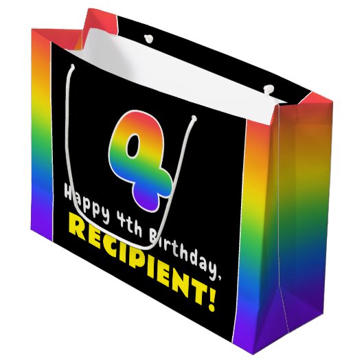 4e verjaardag: kleurrijke regenboog # 4, aangepast groot cadeauzakje (Voorkant Gekanteld)