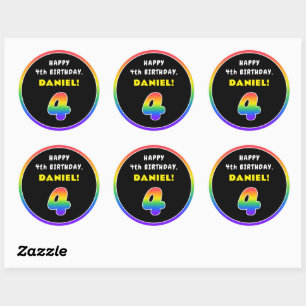 4e verjaardag: kleurrijke regenboog # 4, aangepast ronde sticker