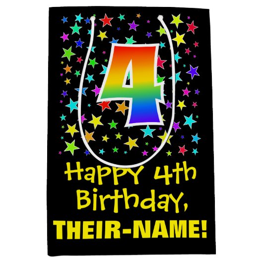 4e verjaardag: Kleurrijke Sterren Patroon & Regenb Medium Cadeauzakje (Voorkant)