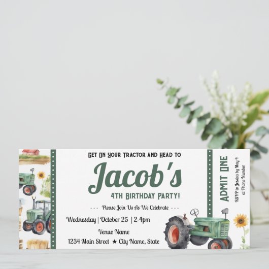 4e verjaardag Krijg je Tractor Ticket Boy Kaart (Staand voorkant)