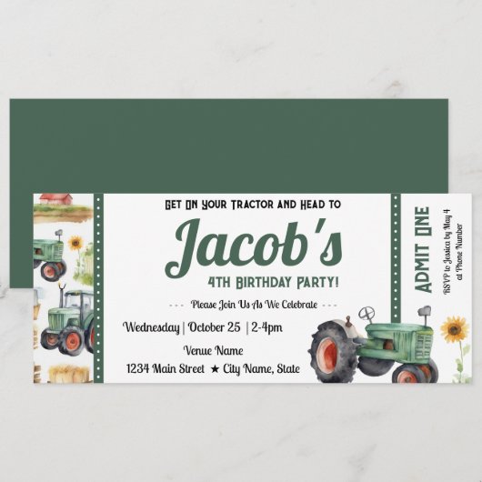 4e verjaardag Krijg je Tractor Ticket Boy Kaart (Voorkant / Achterkant)