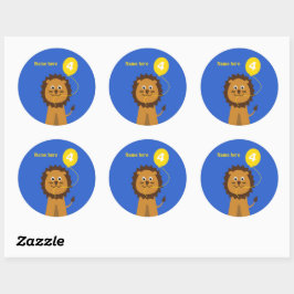 4e verjaardag leeuw voeg de naam blauw toe ronde sticker