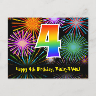 4e verjaardag – Leuke vuurwerkpatroon + Regenboog  Briefkaart