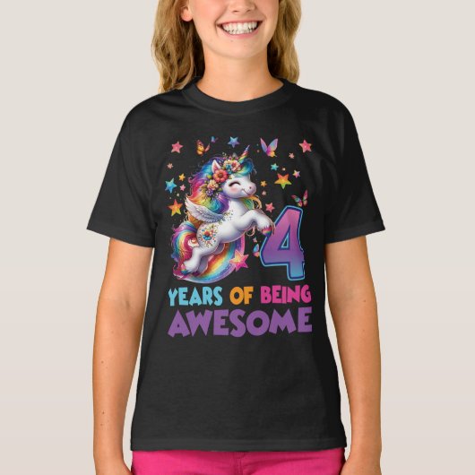 4e verjaardag Meisje Eenhoorn Regenboog Party Verj T-shirt (Voorkant)
