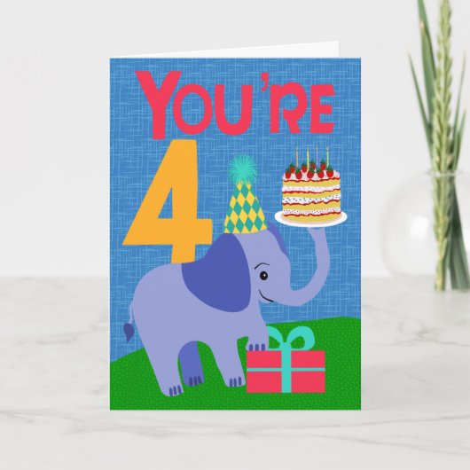 4e verjaardag met olifant en cake kaart (Voorkant)