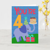 4e verjaardag met olifant en cake kaart (Gele Bloem)