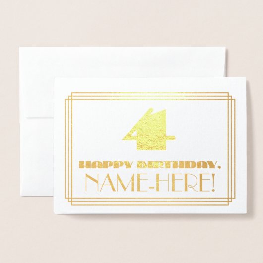 4e verjaardag; naam + artikel deco geïnspireerde l folie kaarten (Voorkant met envelop)