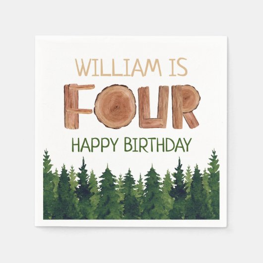 4e verjaardag naam rustieke groene bomen servet (Voorkant)